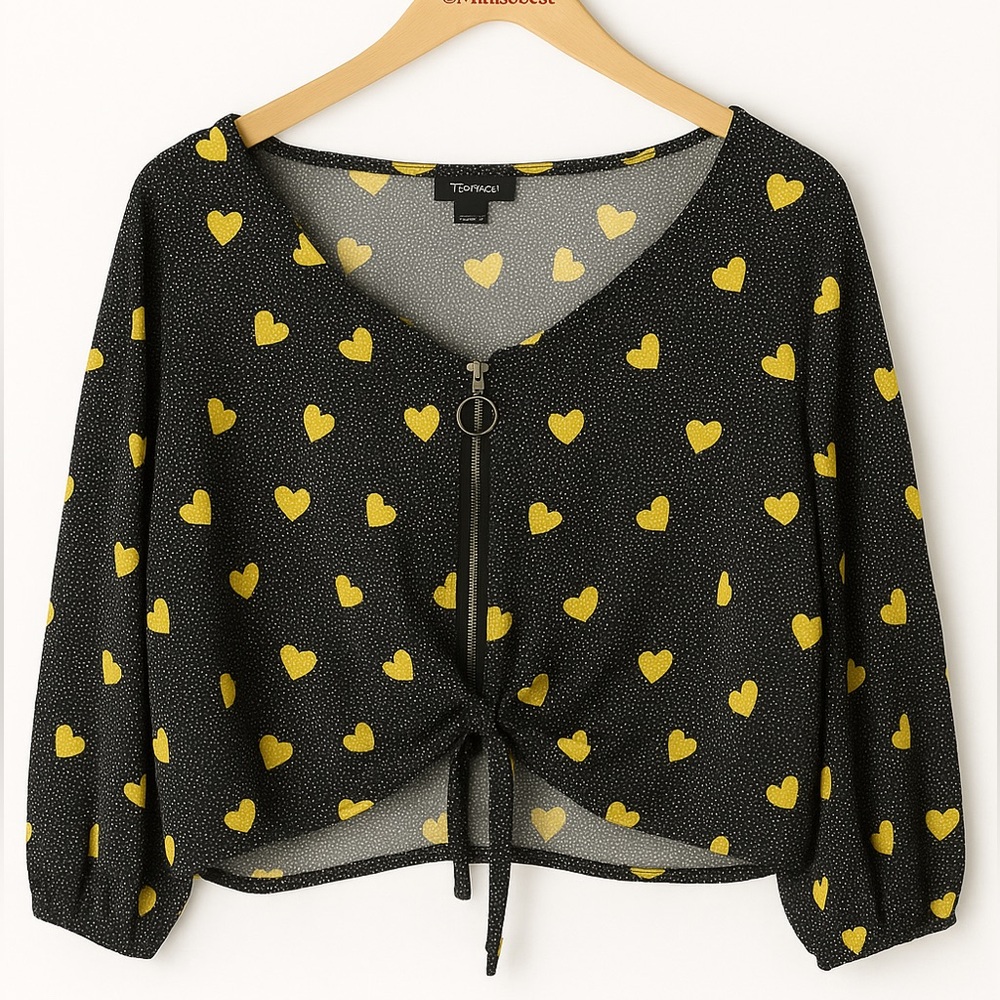 Topshop Yellow Heart Print Zip Front Cropped Blouse Size 10